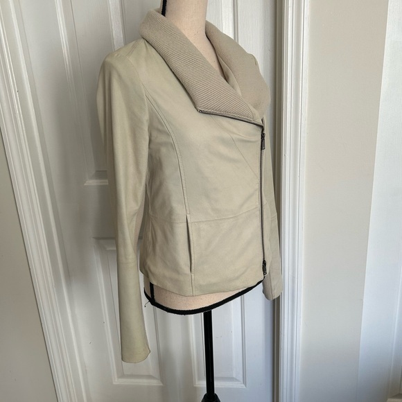 Vince 100% Goat Leather Ribbed Collar Asymmetrical Moto Biker Jacket - Picture 4 of 16